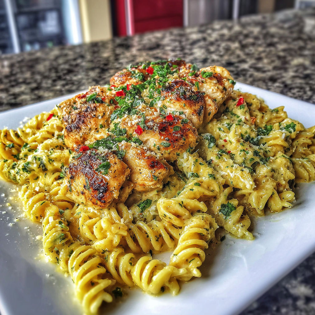 A plate of food with chicken and pasta.