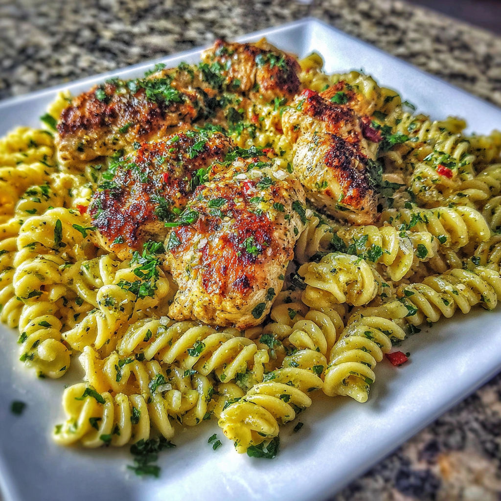 A plate of food with chicken and pasta.