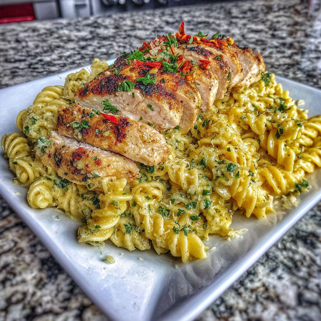 A plate of food with chicken and pasta.