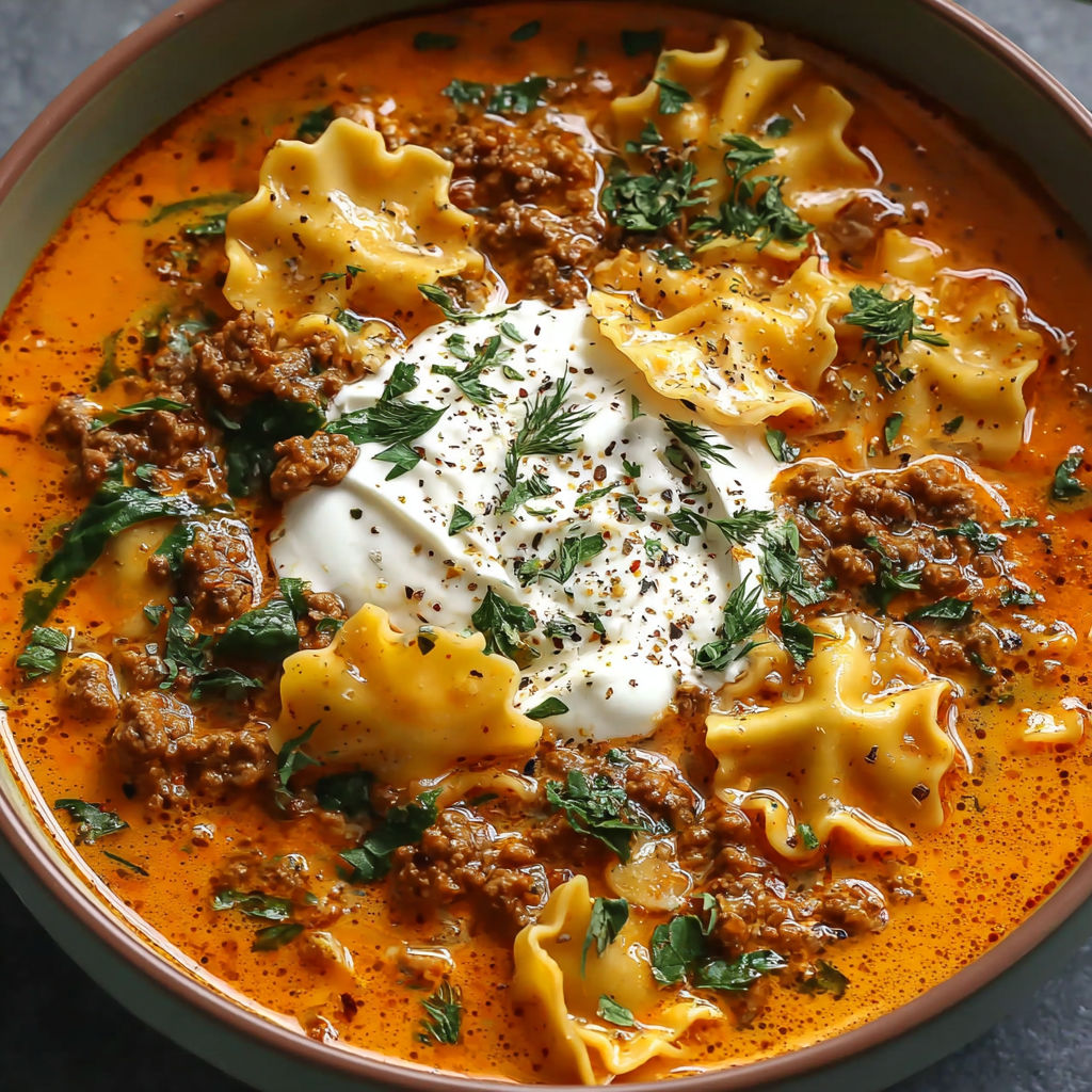 A close up of a delicious one pot lasagna soup.