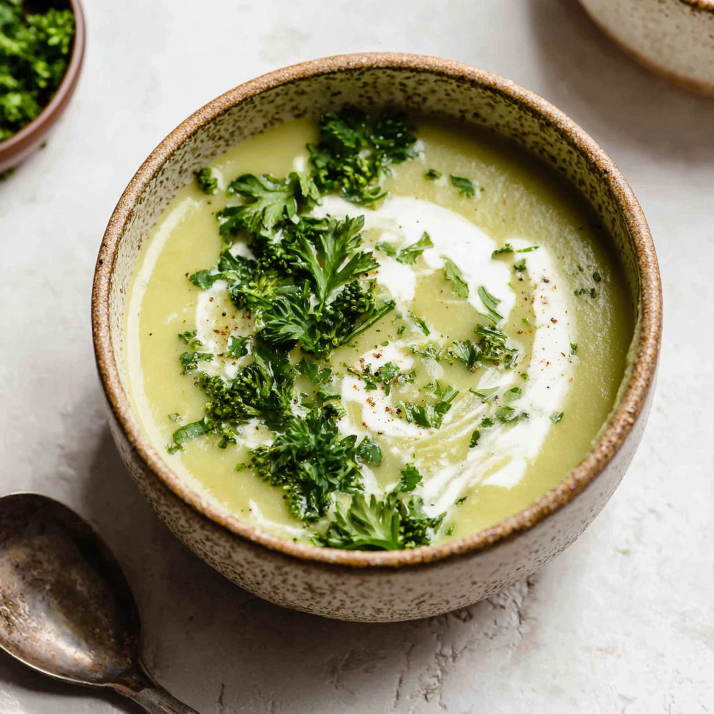 A bowl of soup with broccoli and potatoes.