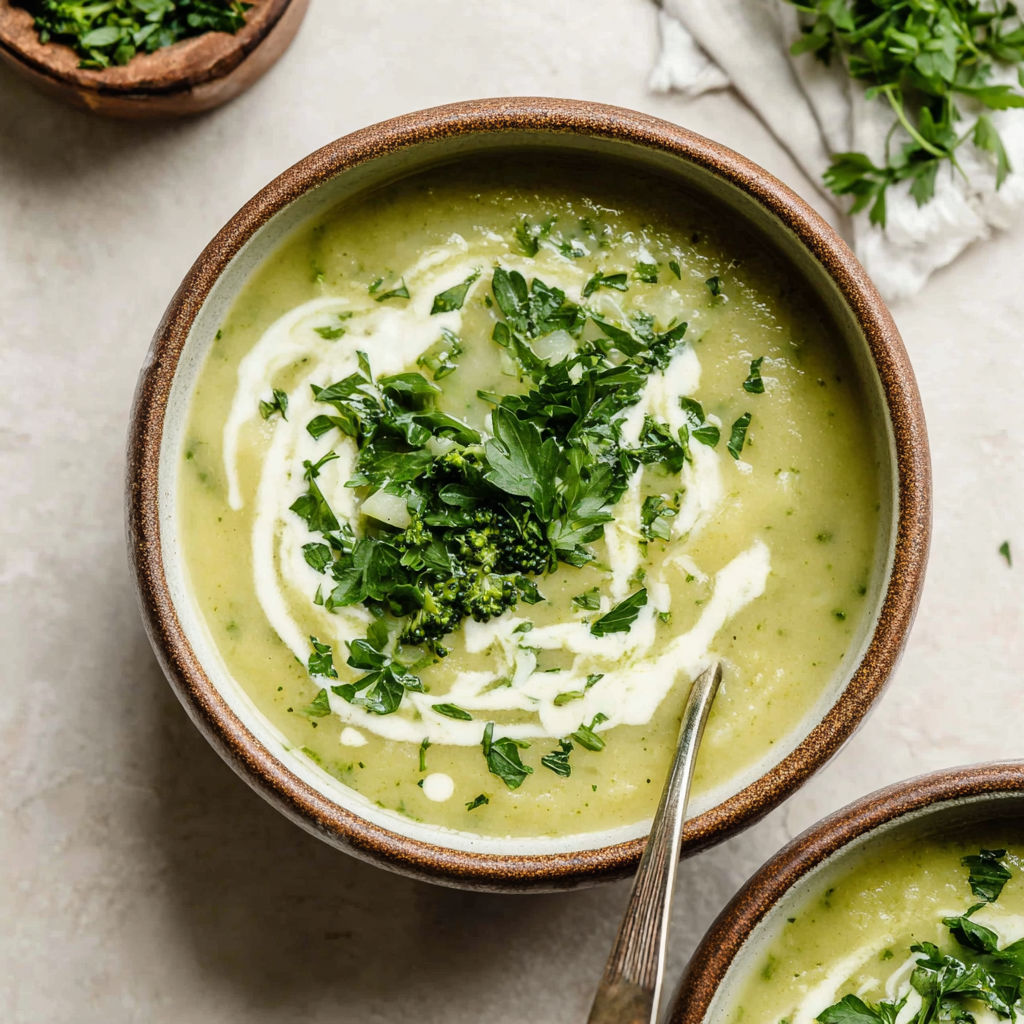 A bowl of soup with broccoli and potatoes.