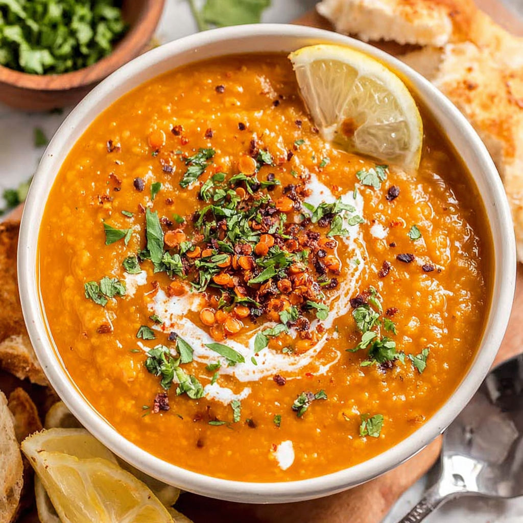 A bowl of red lentil soup with a lemon wedge on top.