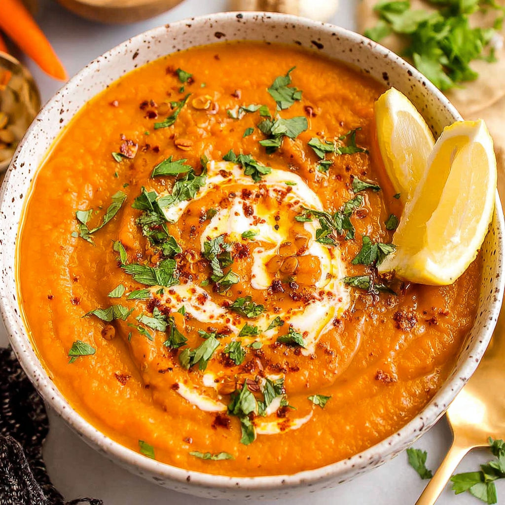 A bowl of soup with a lemon wedge on top.