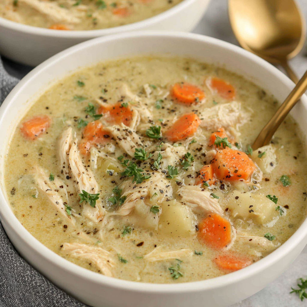 A bowl of chicken pot pie soup.