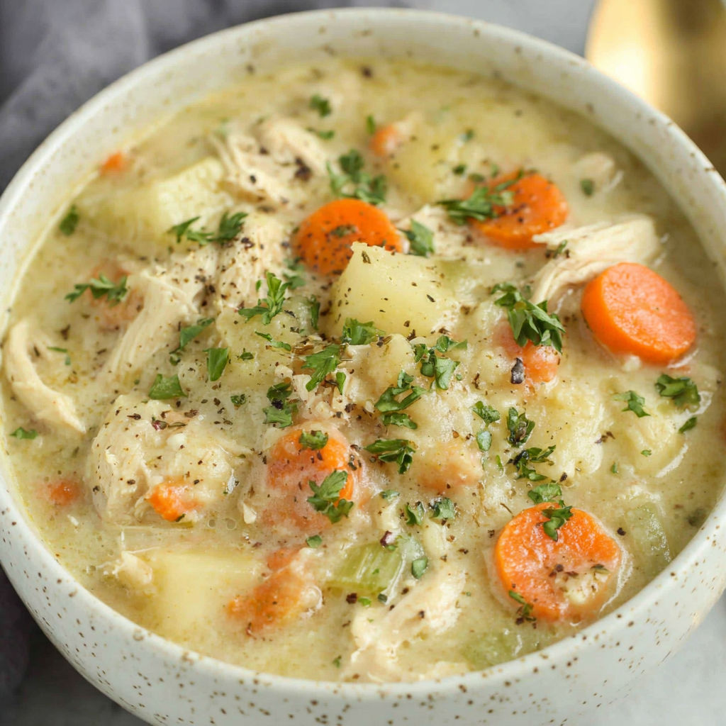 A bowl of chicken pot pie soup.