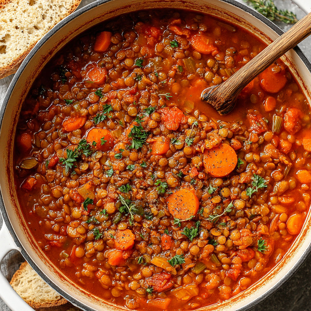 A bowl of lentil soup with carrots and herbs.