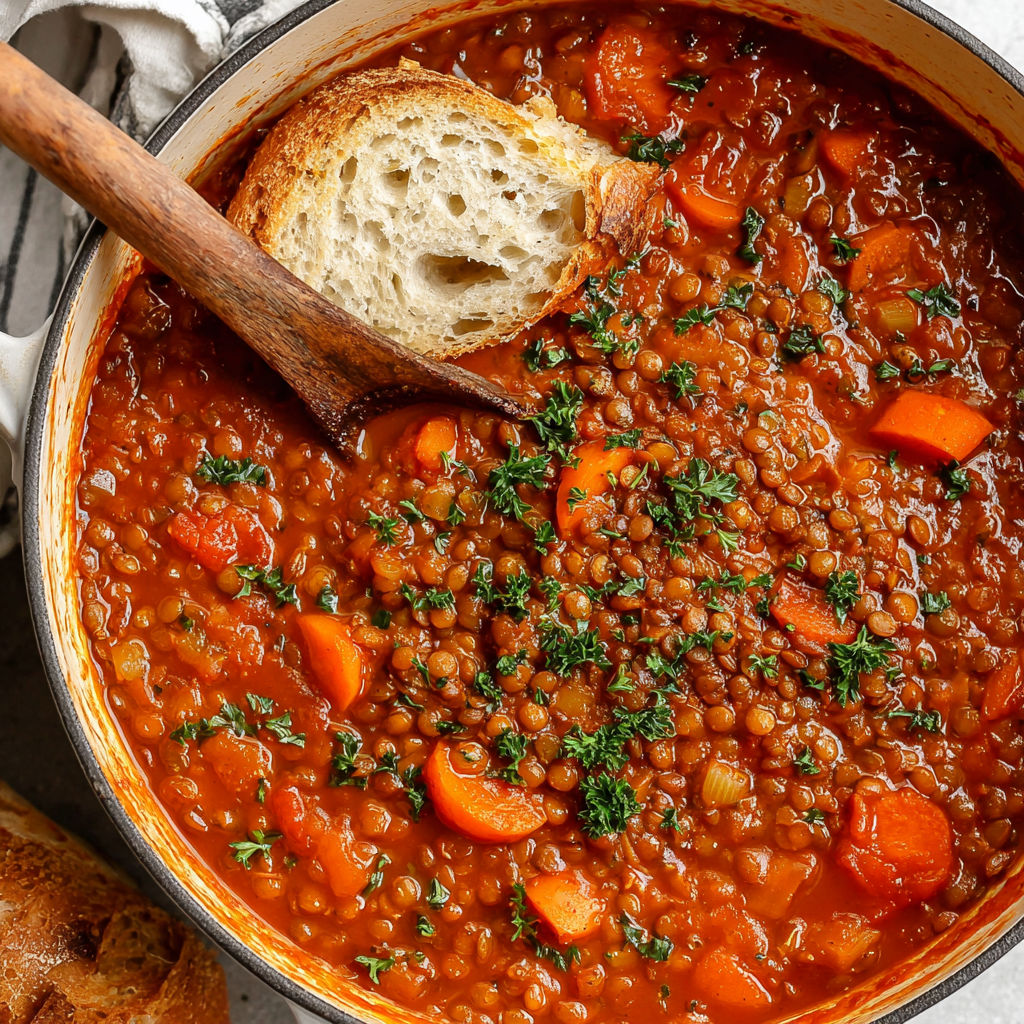 A bowl of soup with a spoon in it.