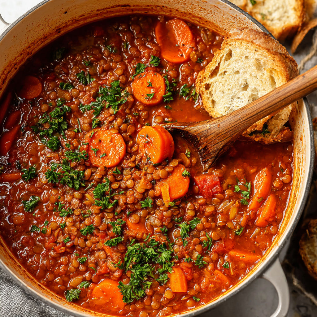A bowl of soup with carrots and bread.