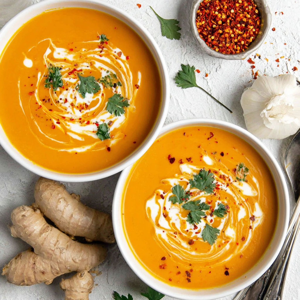 Two bowls of soup with ginger and red pepper.