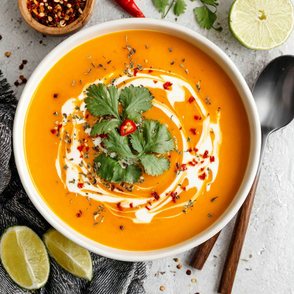A bowl of soup with a spoon in it.