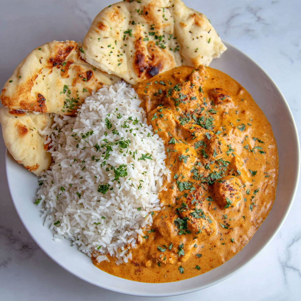 A plate of food with rice, butter chicken, and naan.