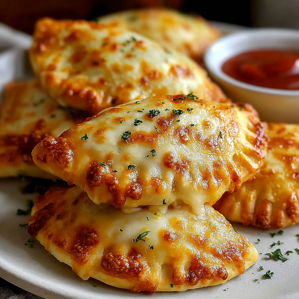 Homemade cheesy pizza pockets on a plate.