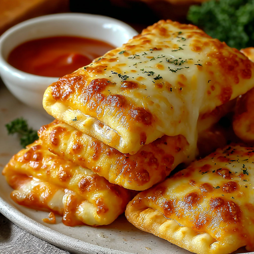 A plate of cheesy pizza pockets.