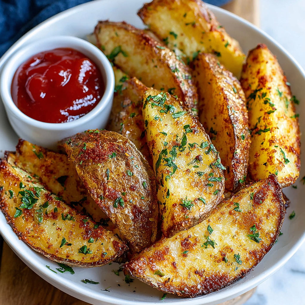 A white plate with a bowl of crispy potato wedges.