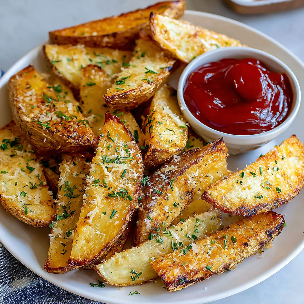 A plate of fries with ketchup and parsley.