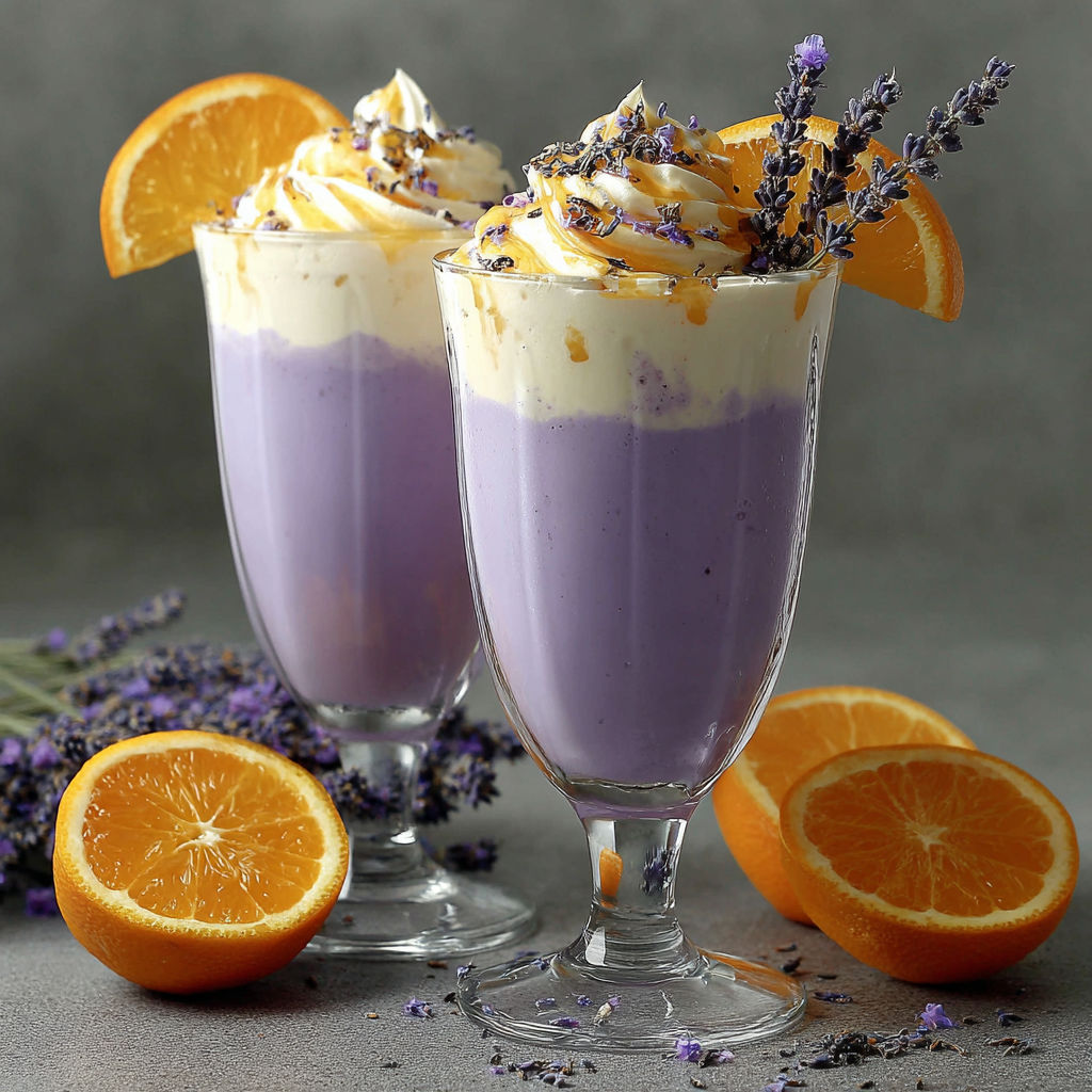 Two glasses of purple and white drinks with oranges and lavender on the side.