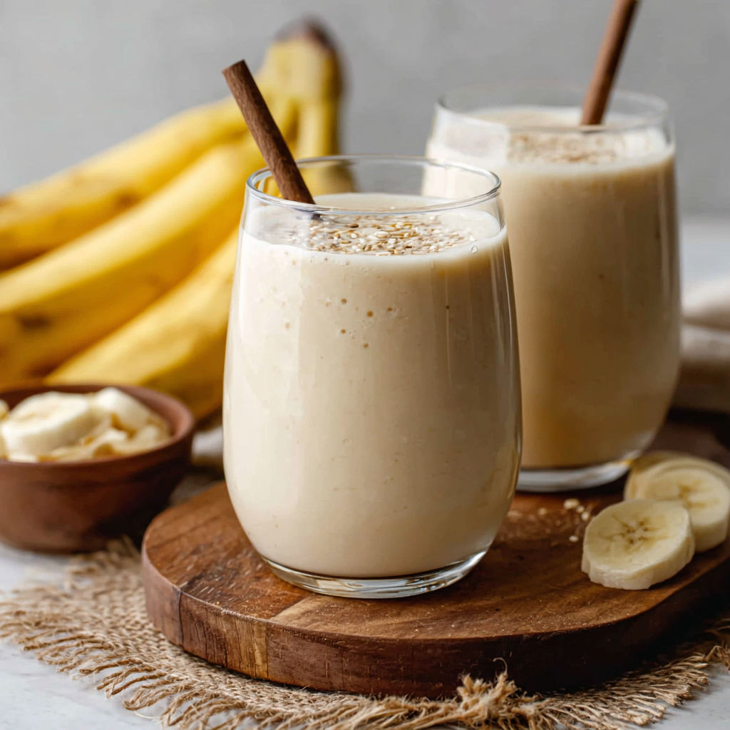 Two glasses of milk with bananas in them.