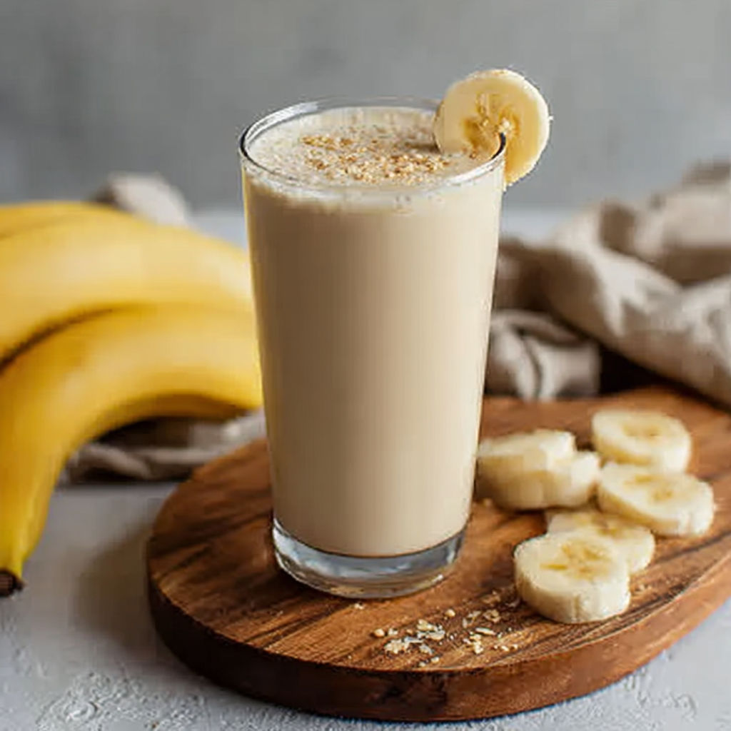 A glass of milk with a banana slice in it.