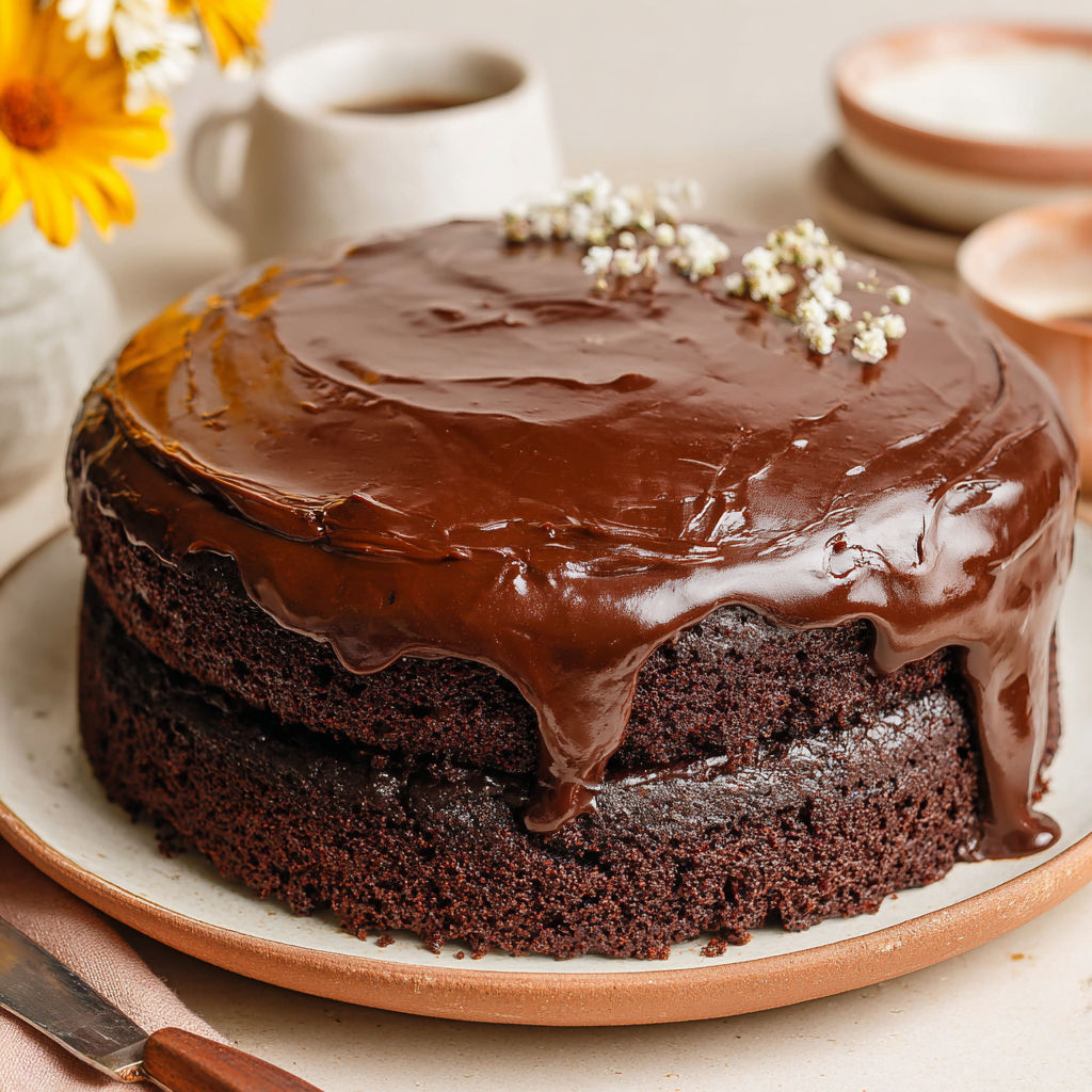 A chocolate cake with chocolate frosting and chocolate sprinkles.