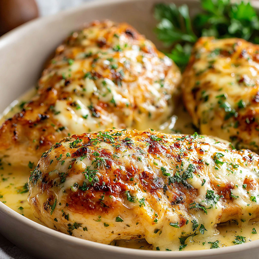 A plate of chicken with cheese and herbs.