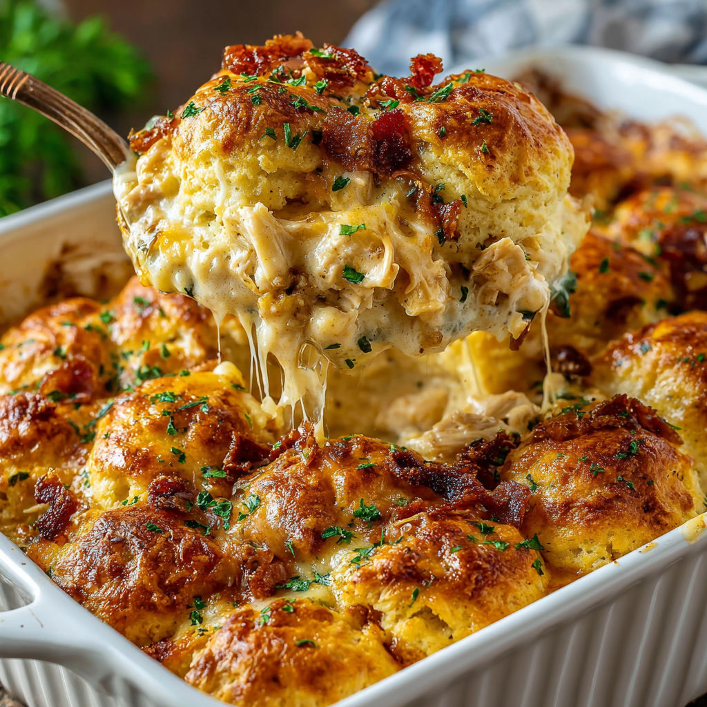 A baked dish with chicken and biscuits.