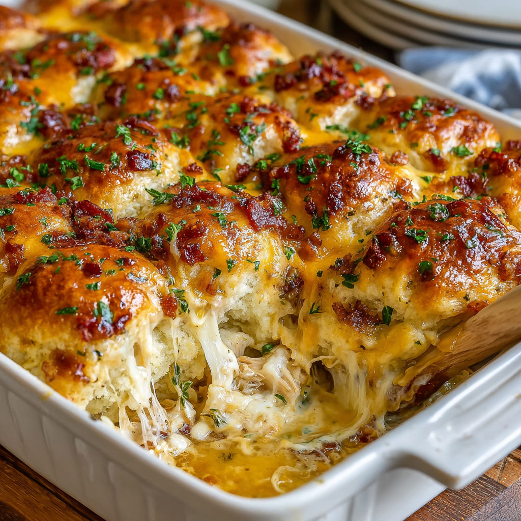 A baked dish with chicken and biscuits.