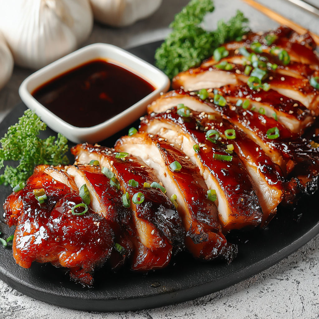 A plate of char siu chicken with a dipping sauce.