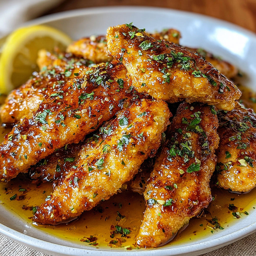A plate of breaded chicken with a lemon wedge on top.