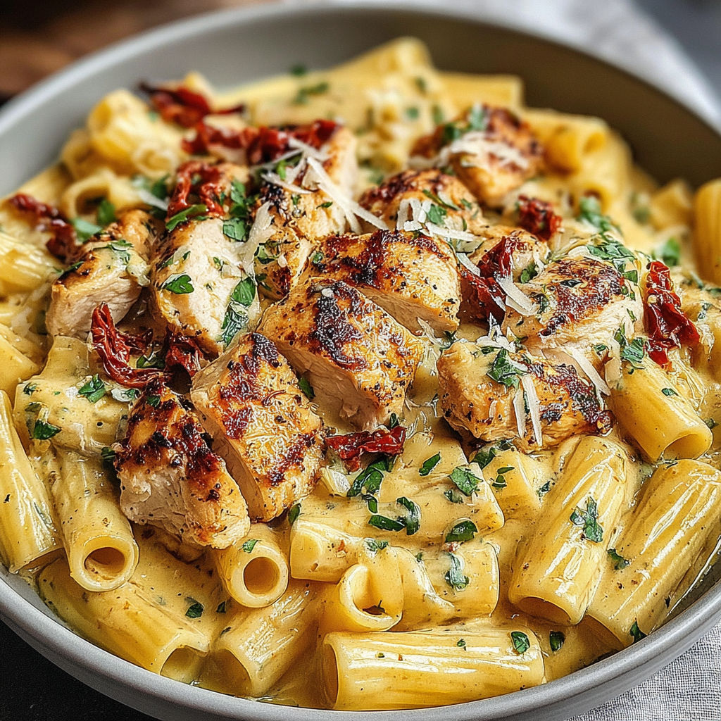A bowl of chicken and pasta.