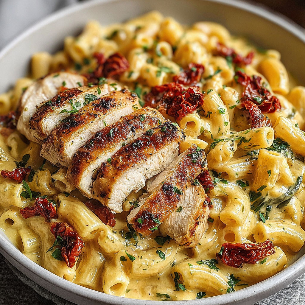 A bowl of chicken and pasta.