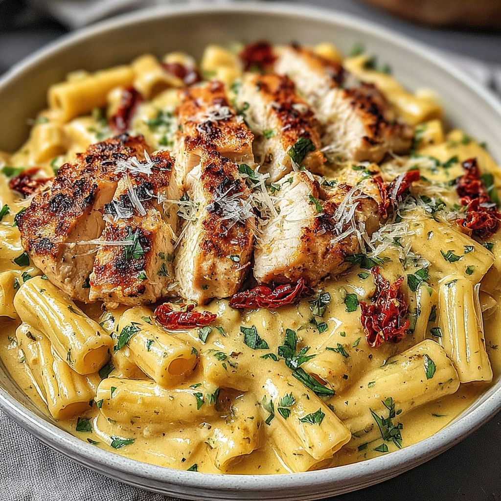 A plate of food with chicken and pasta.