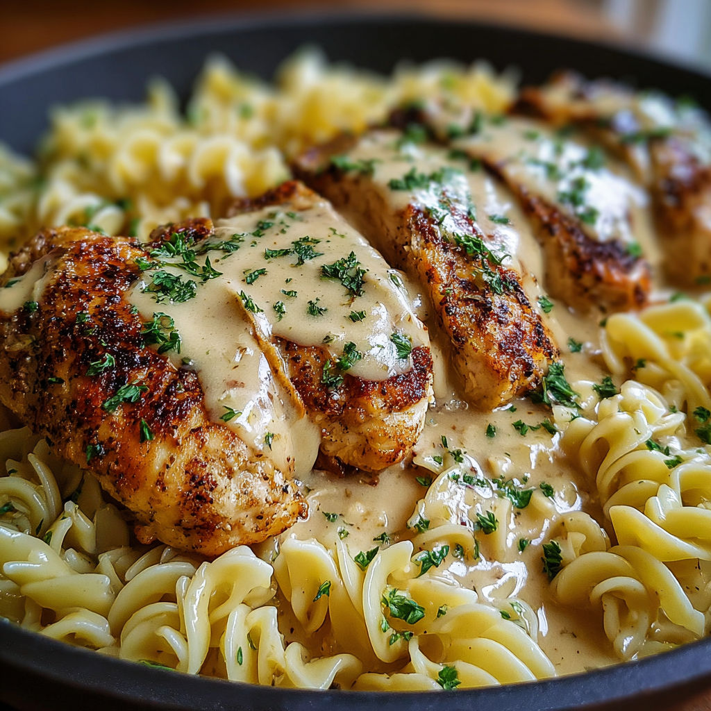 A plate of chicken and noodles.