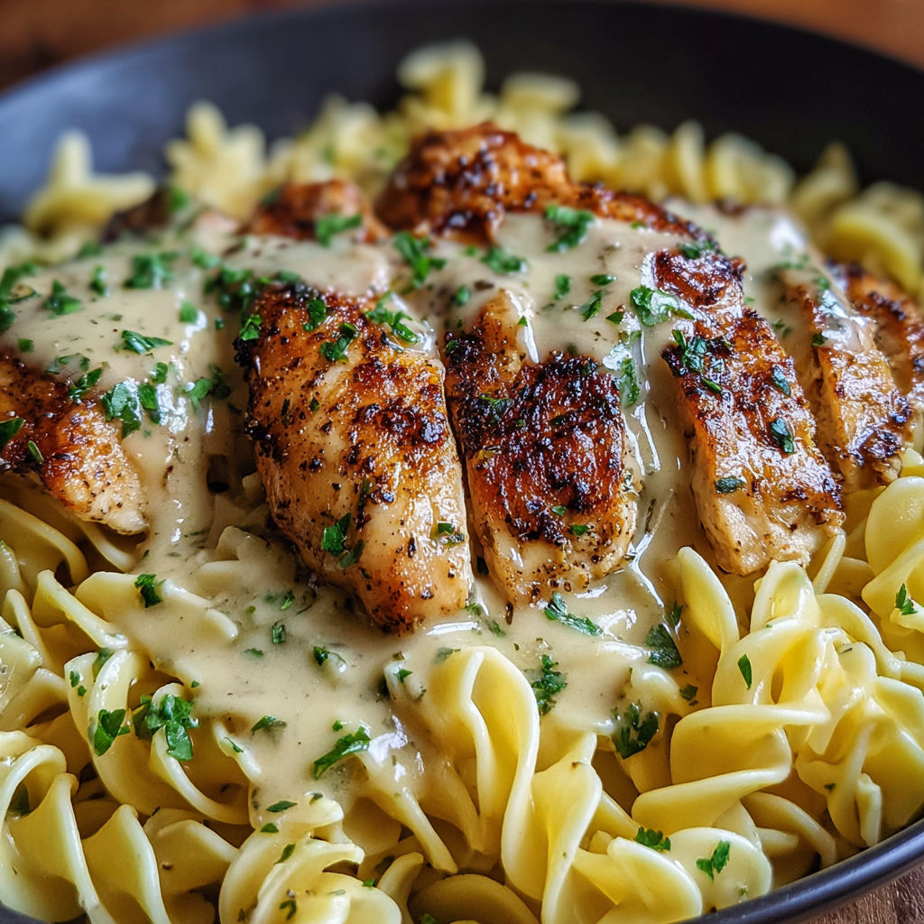 A bowl of pasta with chicken and sauce.