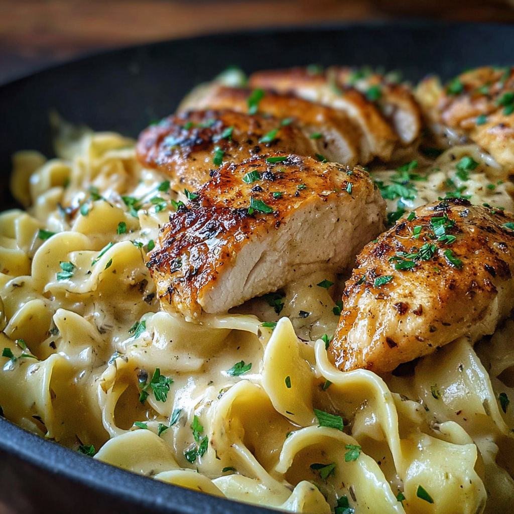 A plate of food with chicken and noodles.