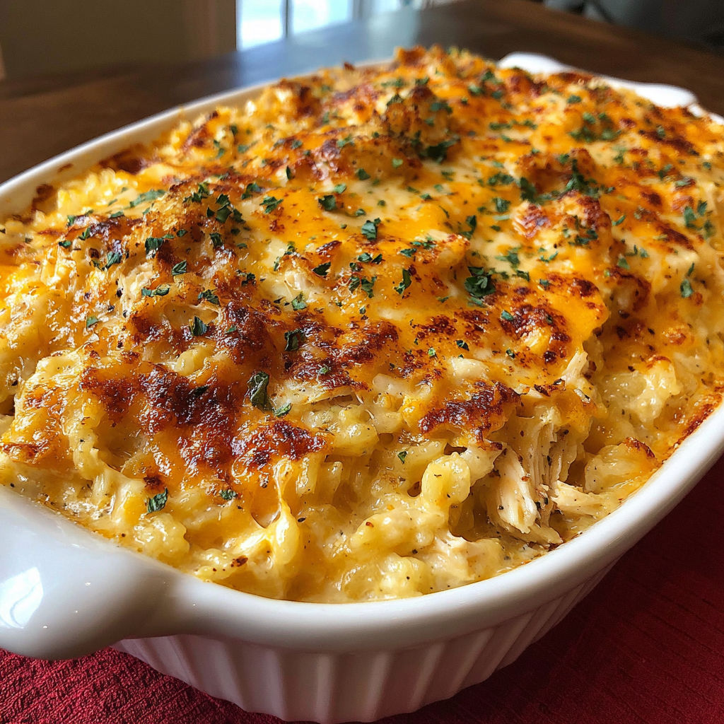 A white bowl filled with a chicken and rice casserole.