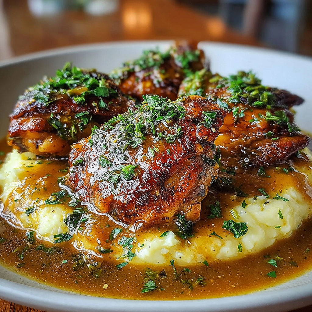 A plate of chicken with herbs and sauce.