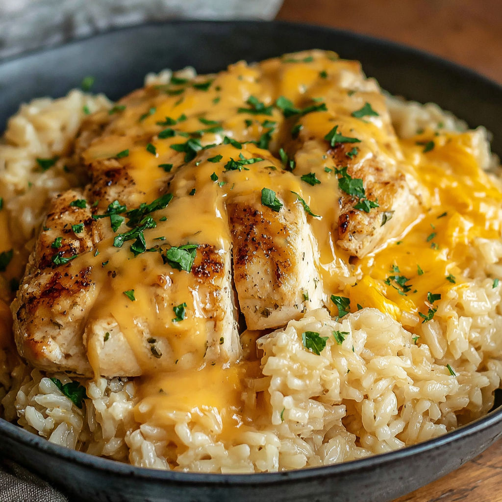 A bowl of rice with chicken and cheese on top.
