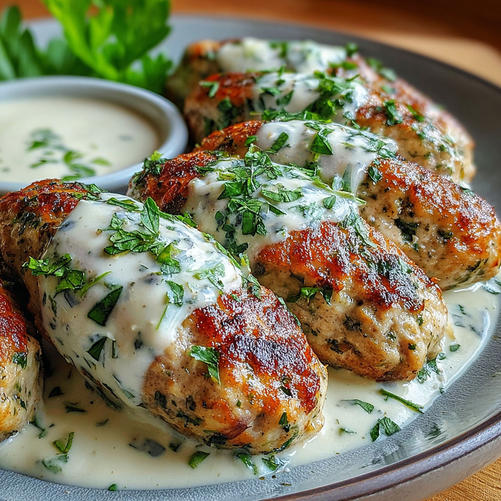 A plate of chicken kofta with garlic yogurt sauce.