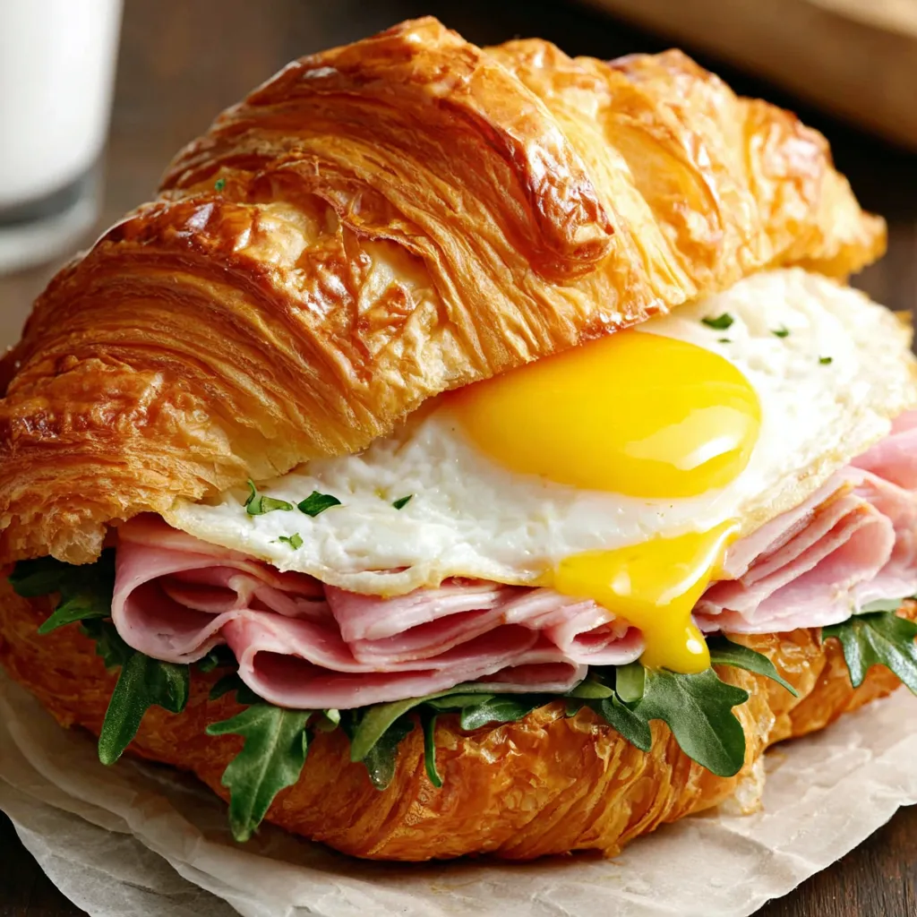 A croissant sandwich with ham and egg.
