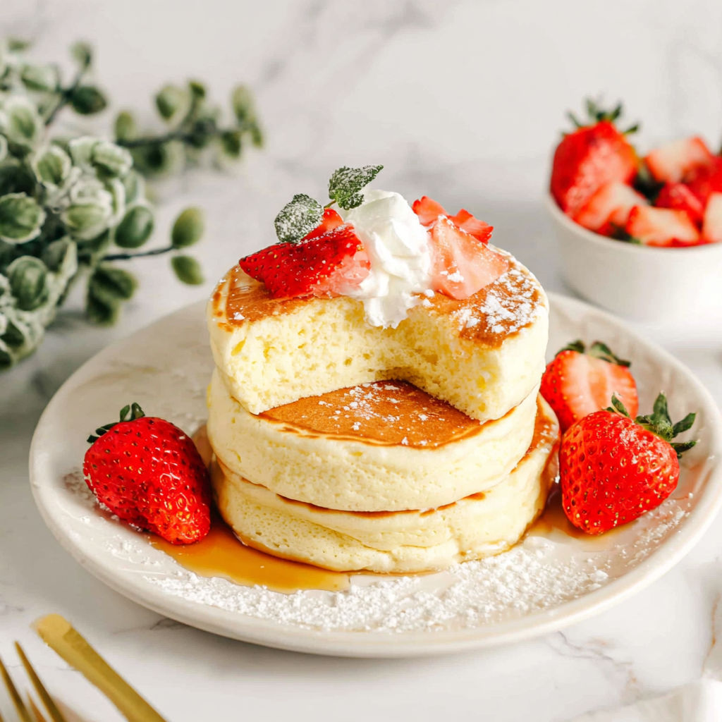 A stack of fluffy Japanese souffle pancakes with strawberries and whipped cream.