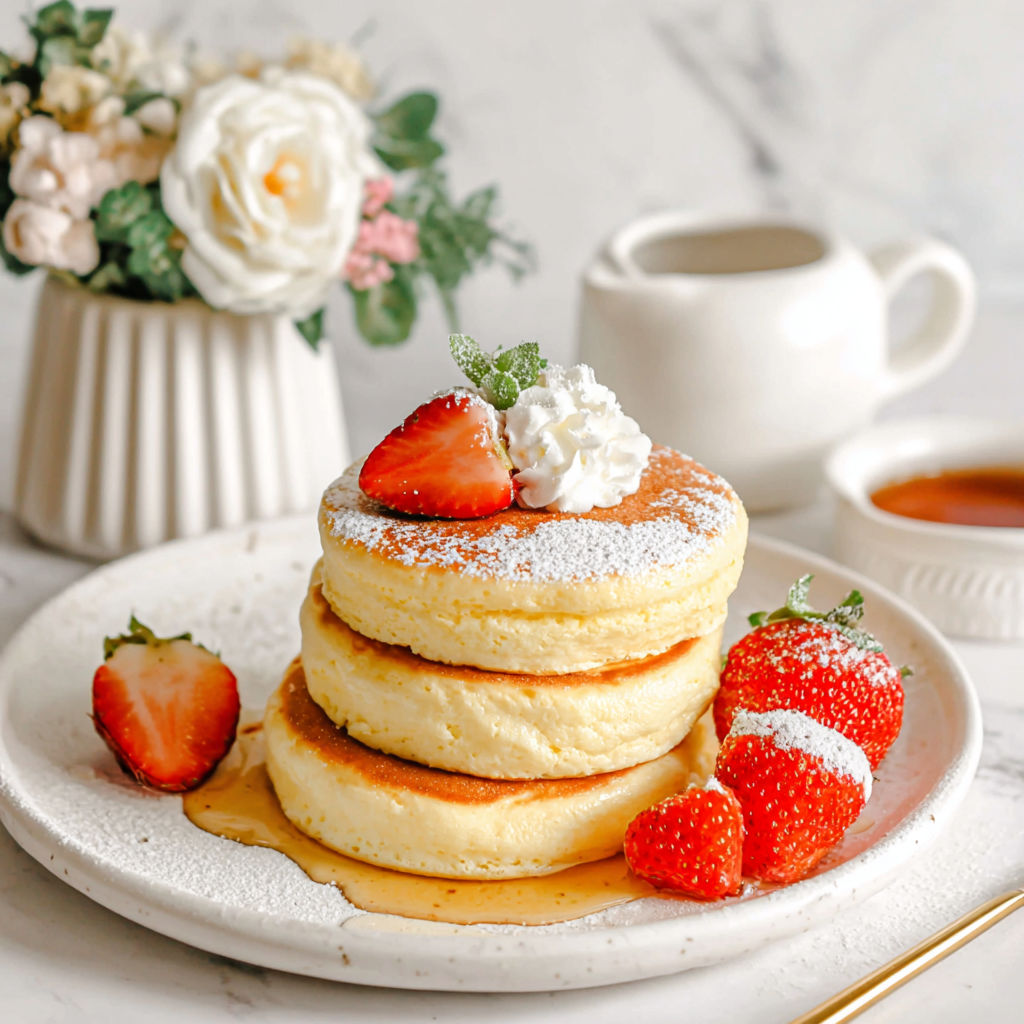A stack of pancakes with strawberries on top.