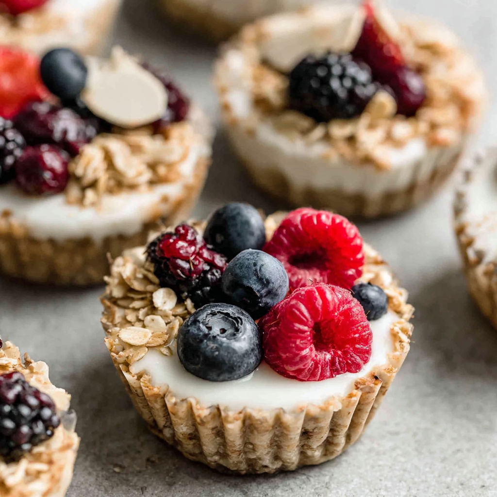 A close up of a dessert with berries and granola.