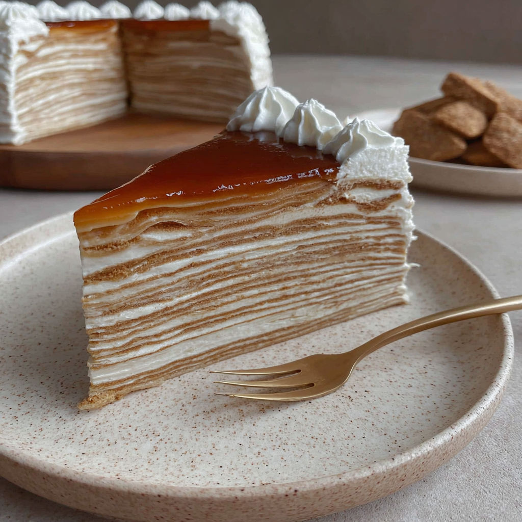 A slice of Vanilla & Speculoos Crêpe Cake.