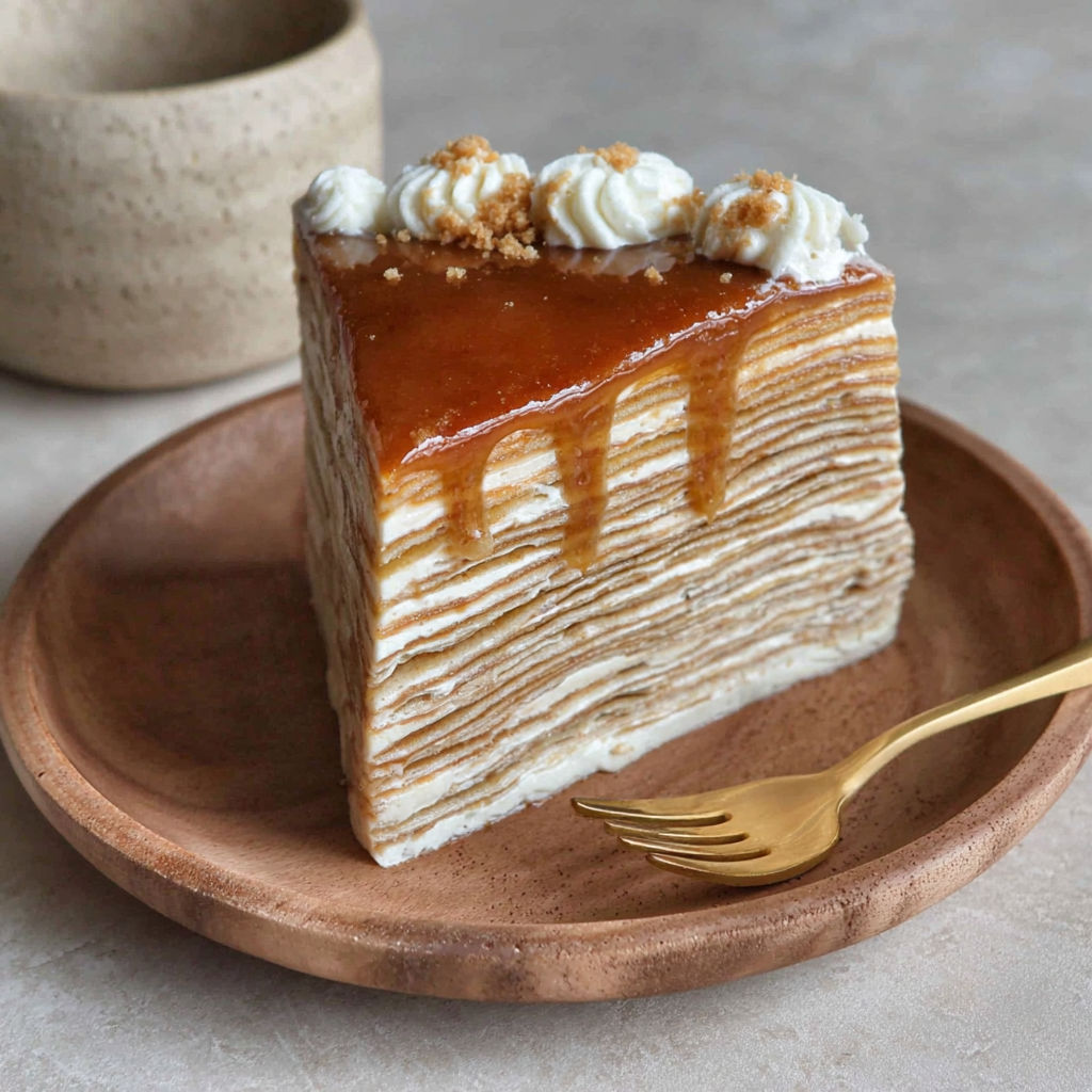 A slice of vanilla and speculoos crepe cake.