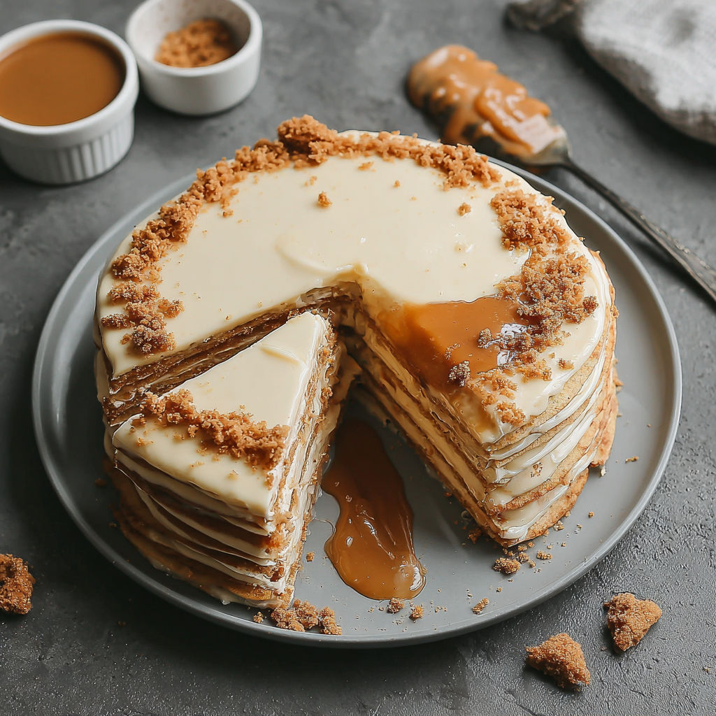 A slice of vanilla and speculoos crepe cake.