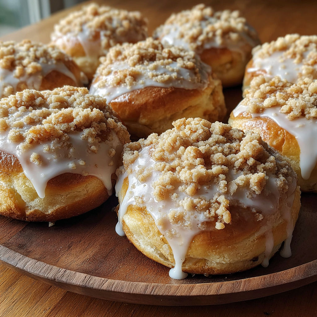 A plate of buns with a crumble topping and sweet glaze.
