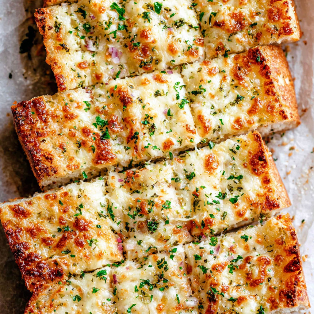 A slice of cheese bread with green herbs on top.