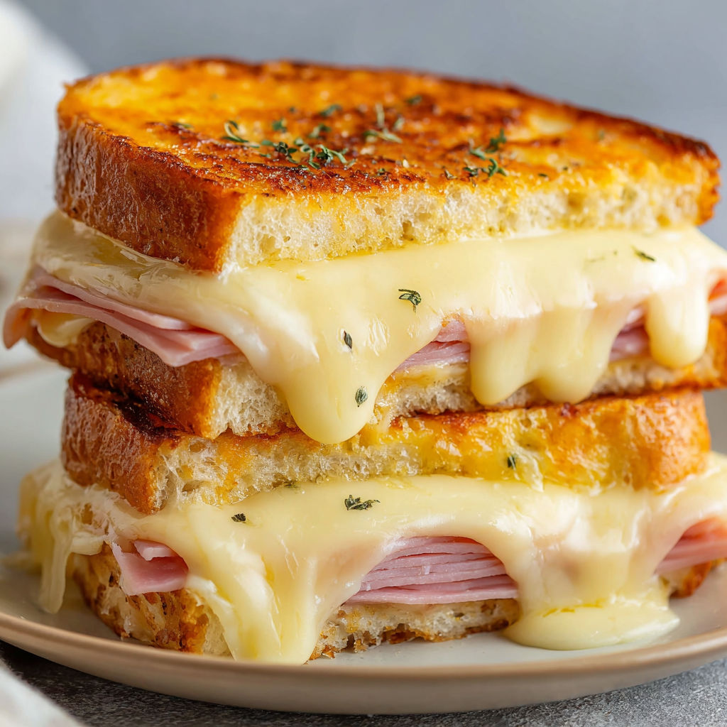 A close up of a croque monsieur sandwich.