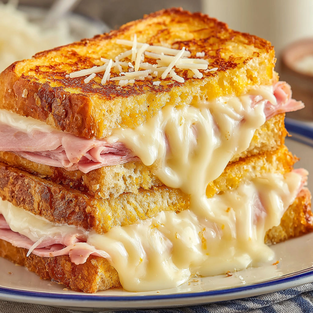 A stack of croque monsieur sandwiches.